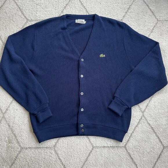 Vintage 80s Izod Lacoste Navy Blue Knit V-Neck Preppy Tennis Cardigan XL